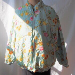 Vintage 90s Avon Silk Floral Turquoise Zip Up Jacket Quilted Womens Size L